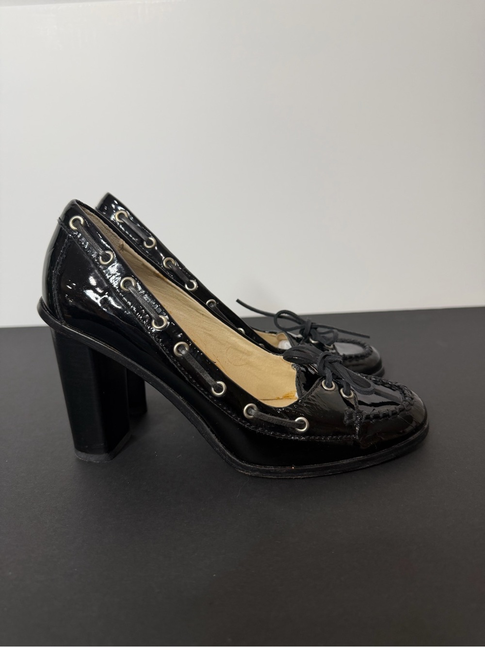 MICHAEL Michael Kors Black Patent Leather Lace-Trim Block Heel Pumps
